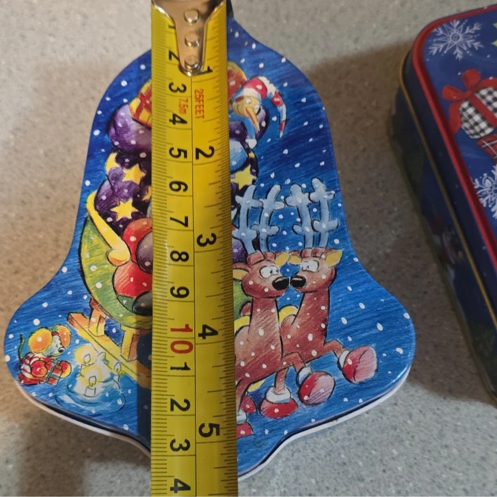 Set of 4 Christmas Snowman Tin Boxes, Rectangle, Square, Bell, Lids Included,
